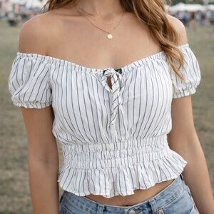 Abercrombie & Fitch White Pinstripe Milkmaid Crop Peasant Top M